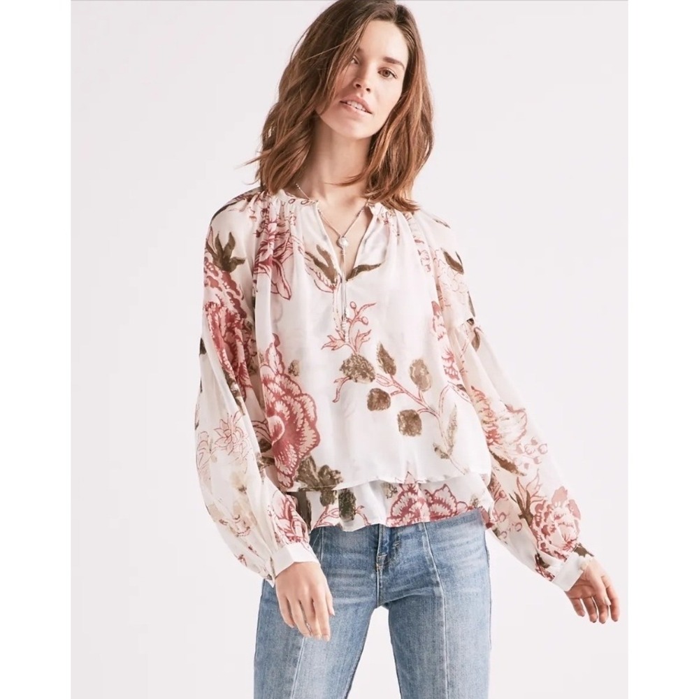 Lucky Brand Floral Chiffon Jenna Peasant Boho Top Balloon Sleeve Romantic Artsy